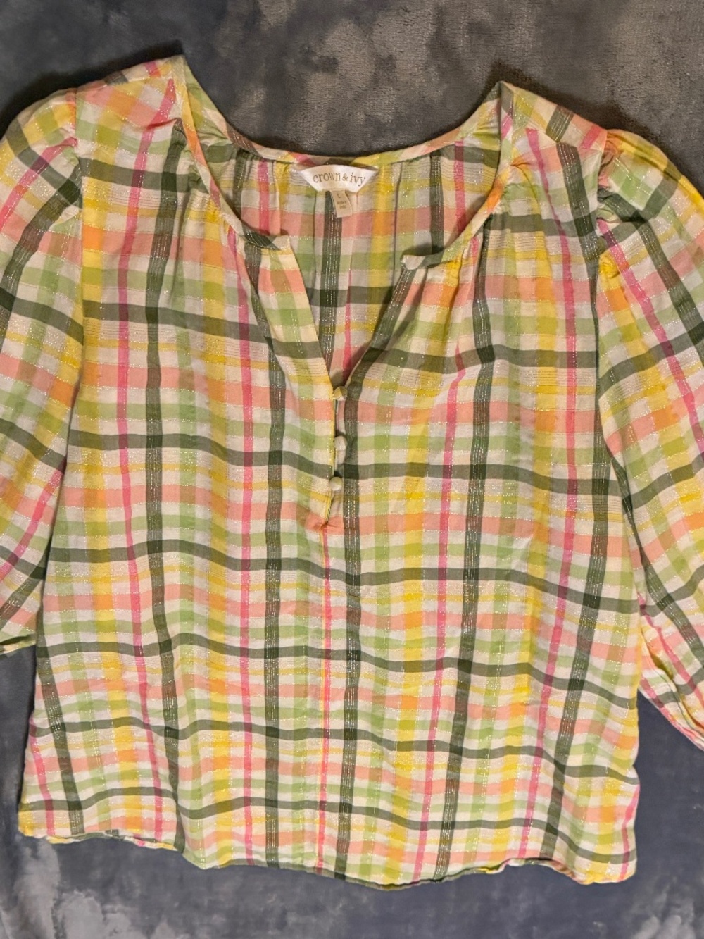 Crown & Ivy Women's Large Multicolor Plaid Metallic Blouse